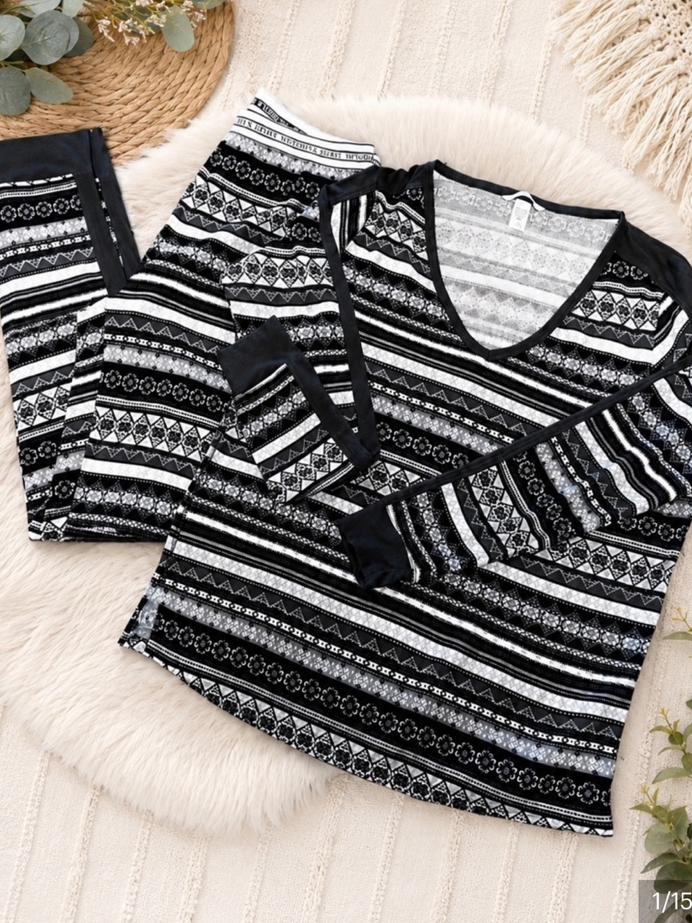 🖤🤍Victoria’s Secret Fair Isle Thermal Pajama Set Size L Black White NWOT🤍🖤